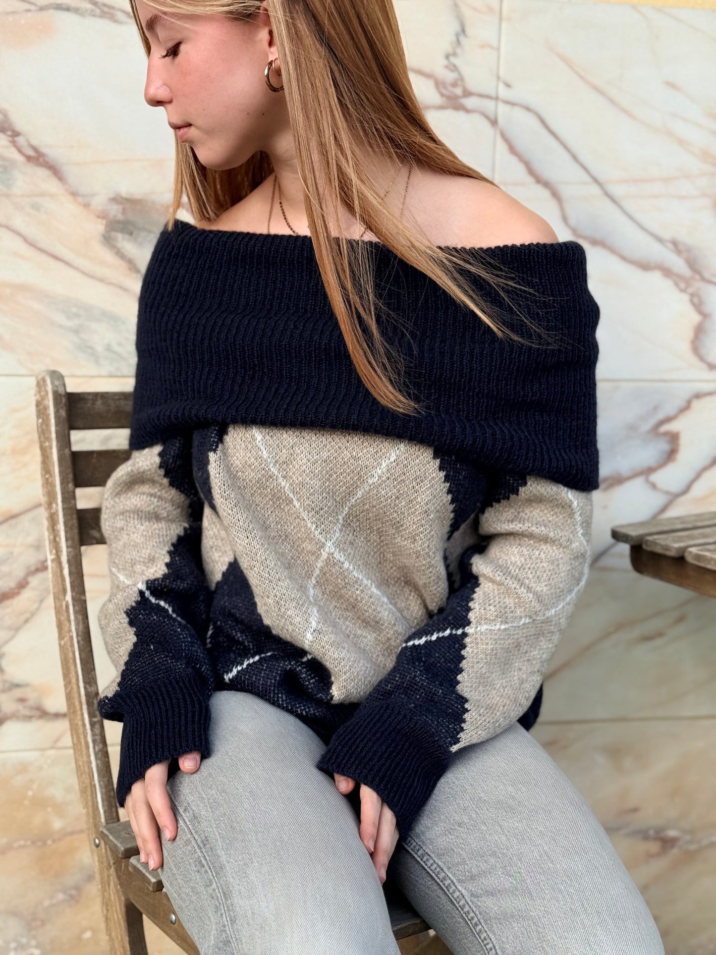 Camisola de mallha cai-cai com losangos