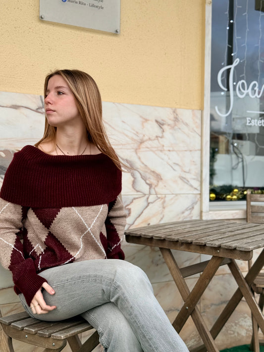 Camisola de mallha cai-cai com losangos